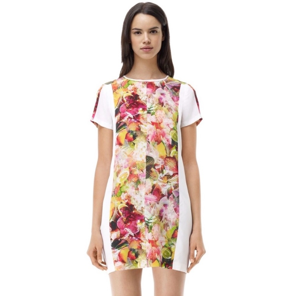 Club Monaco 100% Silk White Mini Dress with Multicolor Floral Panel